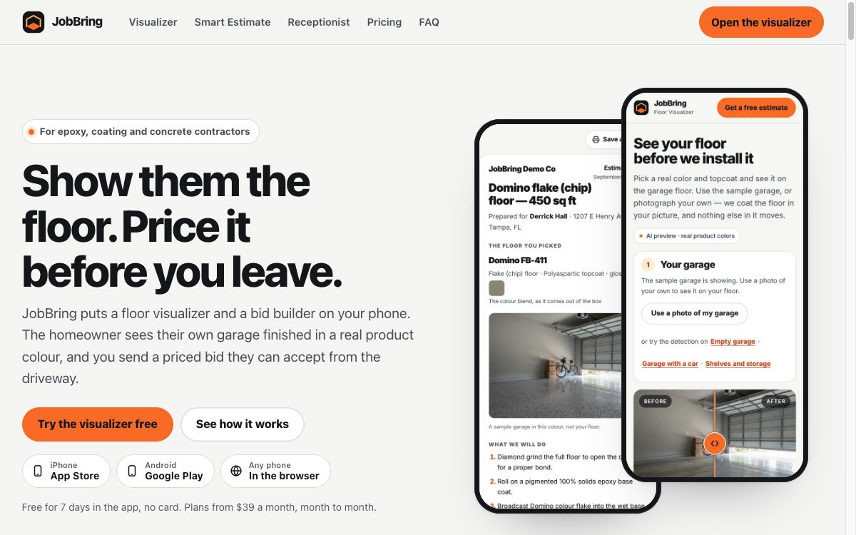 El sitio de JobBring: un visualizador de pisos y una herramienta de cotizaciones para contratistas